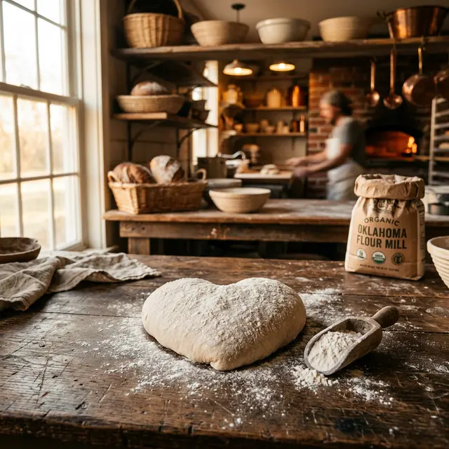 Hand-folded pie dough on a floured surface